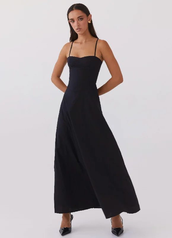 Women's Lace Back Maxi Dress-Angelina Linen Maxi Dress - Black
