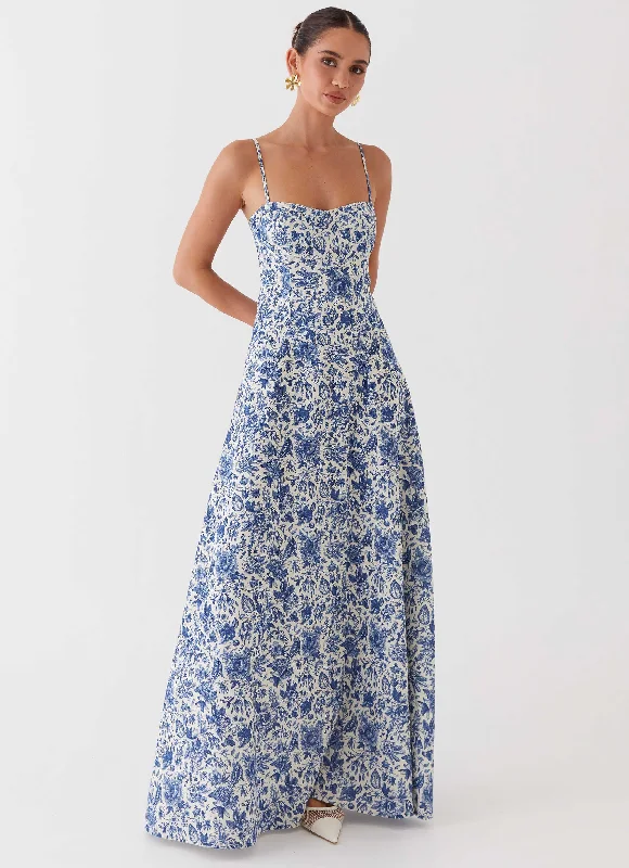 Women's Halter Maxi Dress-Angelina Linen Maxi Dress - Blue Paisley