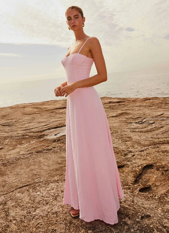 Women's V-neck Strappy Maxi Dress-Angelina Linen Maxi Dress - Pink Petal