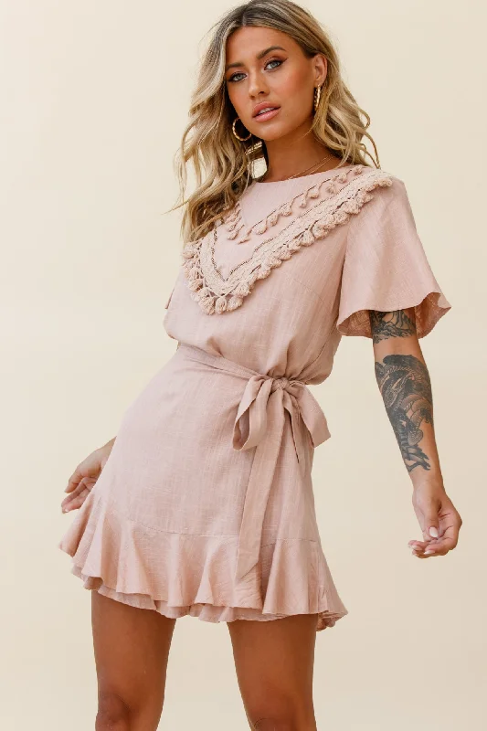 Satin Wrap Dress with Flared Sleeves -Red Floral Wrap Dress -Angelique Tassel Bust Wrap Bottom Dress Mocha Satin Wrap Dress with Flared Sleeves -Red Floral Wrap Dress -Angelique Tassel Bust Wrap Bottom Dress Mocha