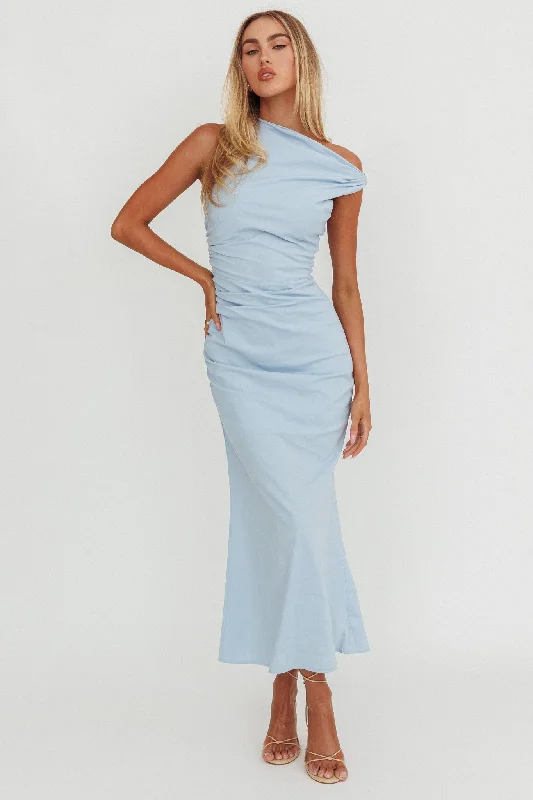 Women's Shiny Maxi Dress-Angel's Song Asymmetric Neckline Maxi Dress Blue