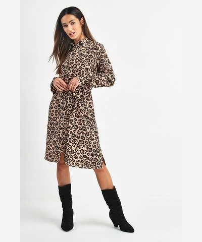 Button-down Plaid Shirt Dress-Animal Print Belted Shirt Dress