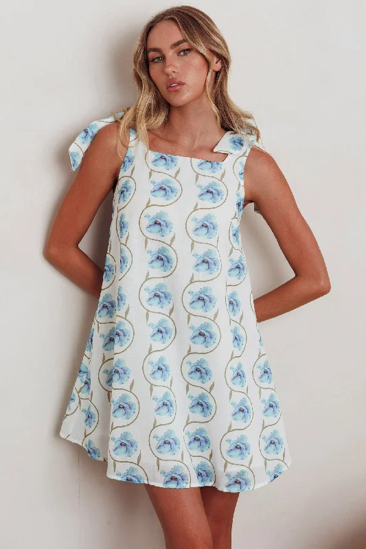 Women's Sexy Mini Dress-Annalee Tied Shoulder Mini Dress Floral Blue