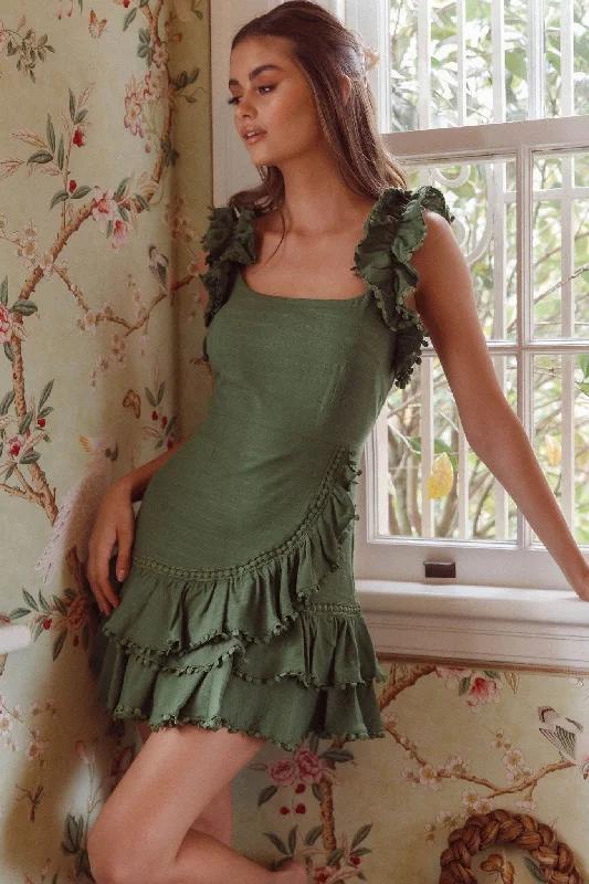 Women's Backless Lace Mini Dress-Annie Ruffle Shoulder Strap Layered Hem Mini Dress Green