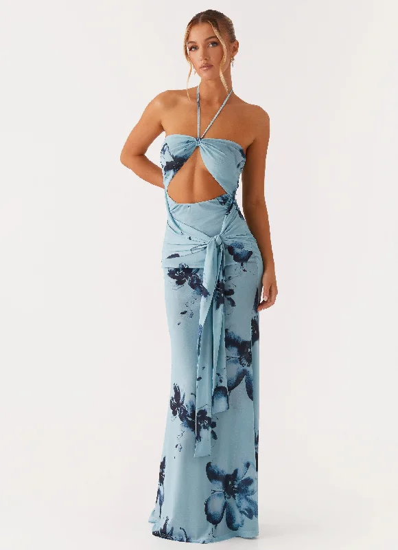 Women's Ruched Front Maxi Dress-Antonia Maxi Dress - Black Blue Floral