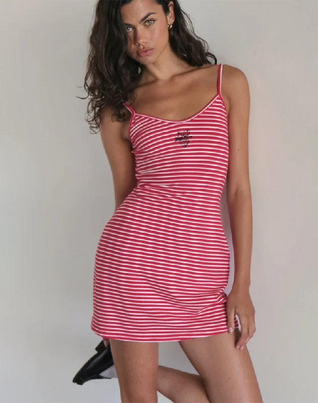 Women's Drawstring Mini Dress-Anzhelina Strappy Mini Dress in Red and White Stripe with Strawberry Emb Women's Drawstring Mini Dress-Anzhelina Strappy Mini Dress in Red and White Stripe with Strawberry Emb