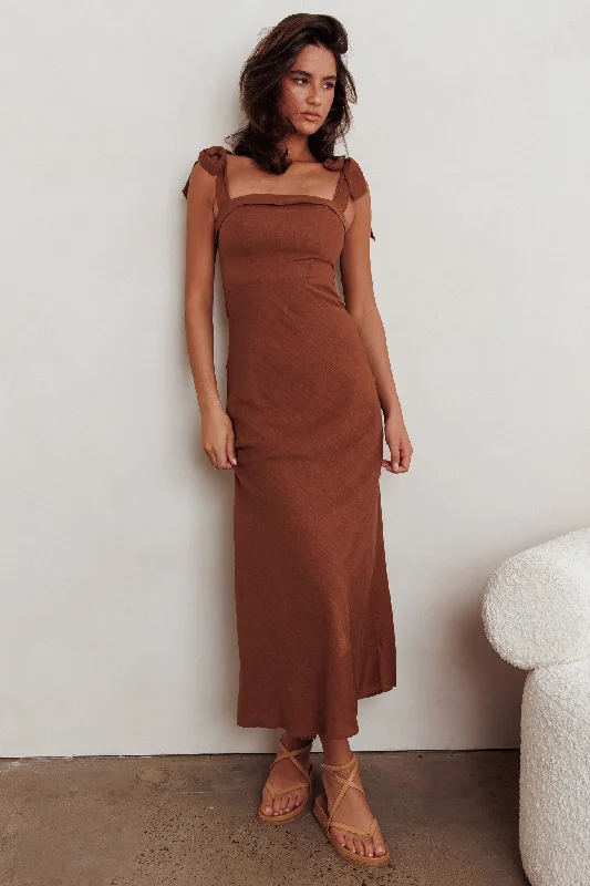 Women's Multi-layer Maxi Dress-Appreciate You Tied Shoulder Maxi Dress Chocolate