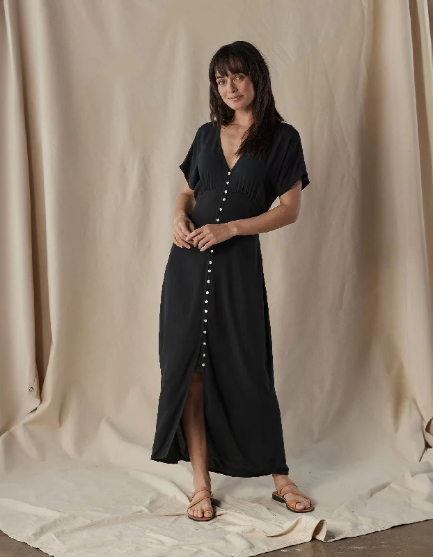 Women's Flared Sleeve Maxi Dress-Aria Crepe Button Thru Maxi Dress in Black