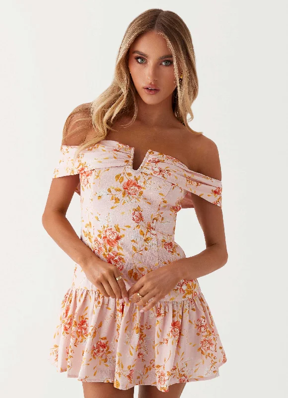 Women's Adjustable Strap Mini Dress-Aries Off Shoulder Linen Mini Dress - Pink Floral