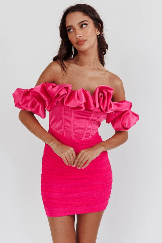 Women's Spaghetti Strap Floral Mini Dress-Arista Off-Shoulder Ruched Mini Dress Hot Pink Women's Spaghetti Strap Floral Mini Dress-Arista Off-Shoulder Ruched Mini Dress Hot Pink