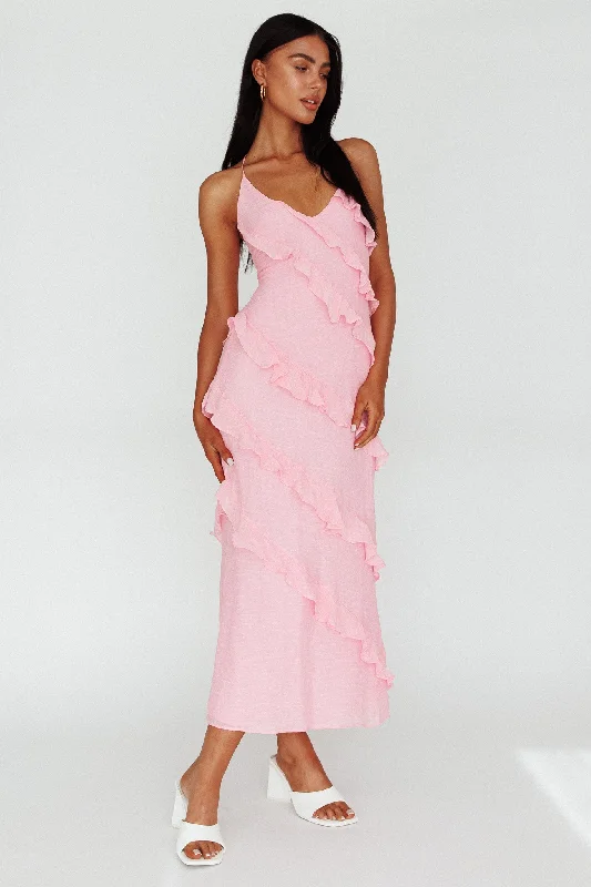 Women's Cutout Maxi Dress-Arrabel Halterneck Ruffle Maxi Dress Pink