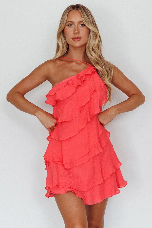Women's Elegant Midi and Mini Dress-Arrabel Tiered Ruffle Mini Dress Watermelon