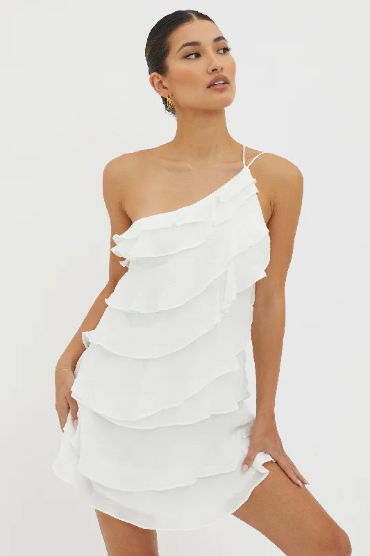 Women's Zip-back Fit-and-Flare Mini Dress-Arrabel Tiered Ruffle Mini Dress White