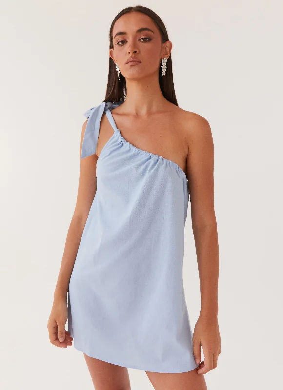 Women's Side-slit Mini Dress-Art Of Waves Linen Mini Dress - Cerulean