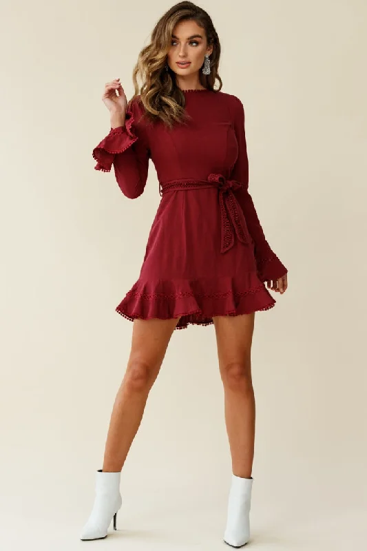 Black Floral Flare Dress -Aspley Flare Cuff Waist Tie Dress Antique Rose
