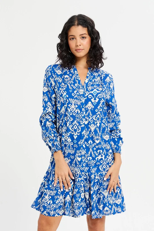 Women's Blue Shirt Dress-Women Blue Aztec Printed Short Dress