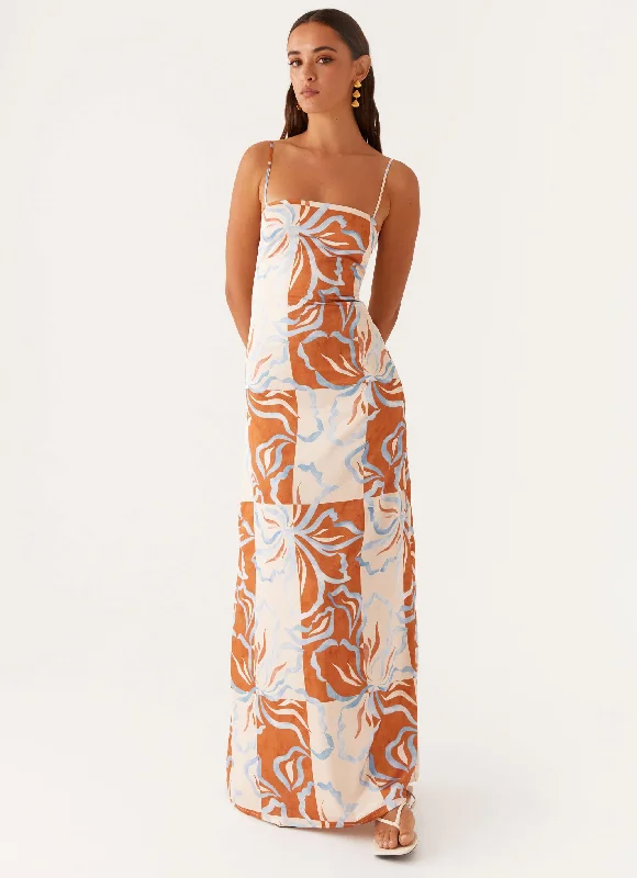 Women's Tie-dye Maxi Dress-Aster Bloom Maxi Dress - Orange Blue Floral