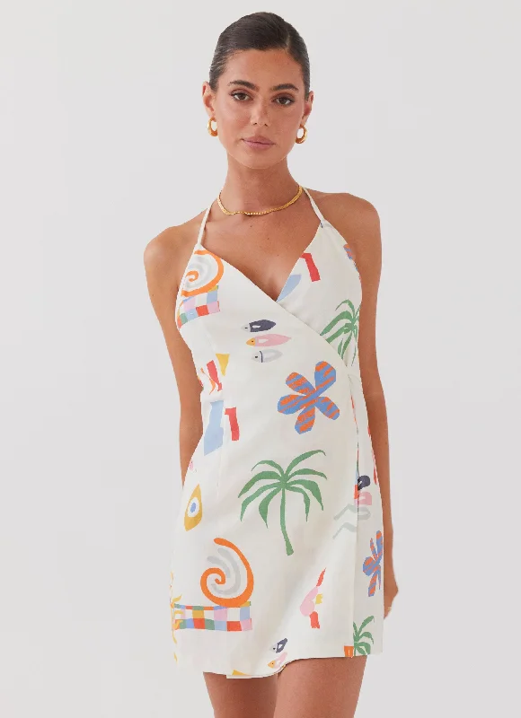 Women's Cropped Sleeve Mini Dress-At Last Sunrise Wrap Linen Mini Dress - Summer Palm
