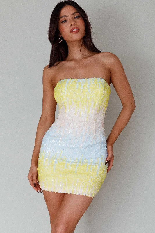 Women's Silk Mini Dress-Atlanta Strapless Sequin Mini Dress Gradient Lemon