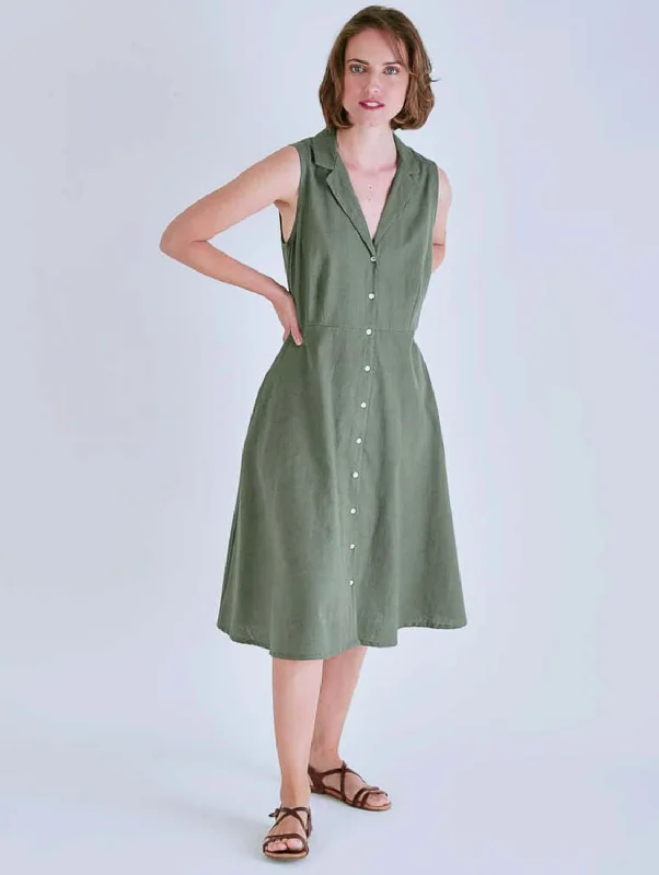 Simple V-neck Shirt Dress for Women-Aubrey Cotton & Linen Sleeveless Linen Shirt Dress | Olive