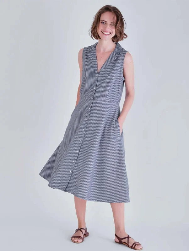Relaxed Check Shirt Dress-Aubrey Cotton & Linen Vintage Shirt Dress | Blue Stripe