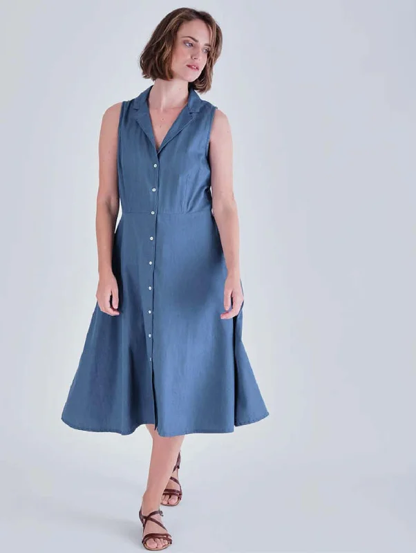 Wool Plaid Shirt Dress-Aubrey Cotton Sleeveless Linen Shirt Dress | Denim
