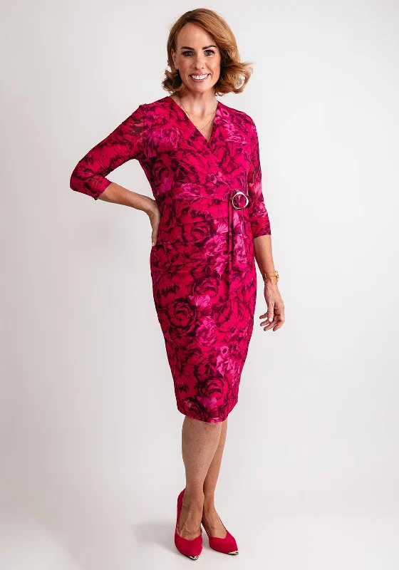 Wrap Dress with Lace Skirt -Wrap Dress with Lace Detail -Avalon Rose Print Wrap Buckle Dress, Pink Wrap Dress with Lace Skirt -Wrap Dress with Lace Detail -Avalon Rose Print Wrap Buckle Dress, Pink