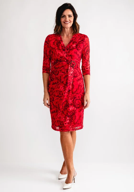 Wrap Dress with Gathered Waist -Wrap Dress for Fall -Avalon Rose Print Wrap Buckle Dress, Red Wrap Dress with Gathered Waist -Wrap Dress for Fall -Avalon Rose Print Wrap Buckle Dress, Red