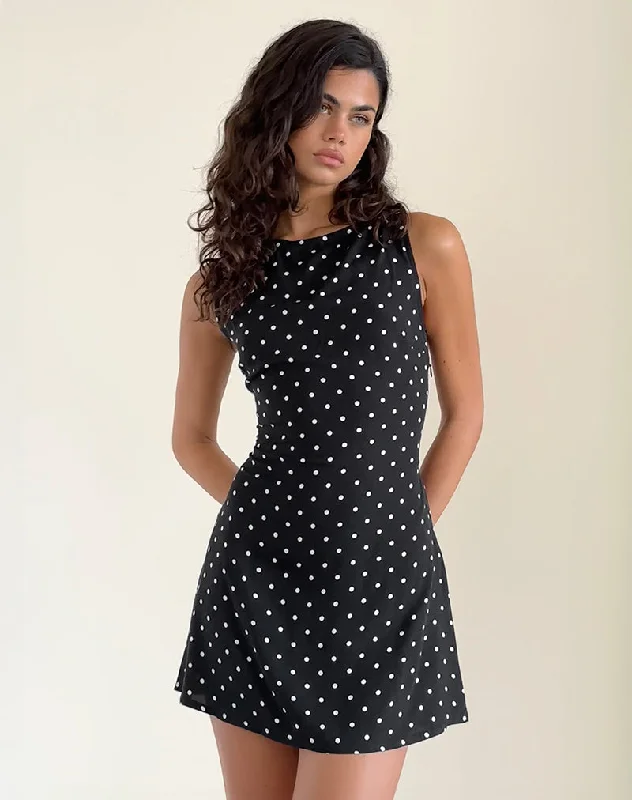Women's Twisted Front Mini Dress-Ayana Backless Mini Dress in Polka Black