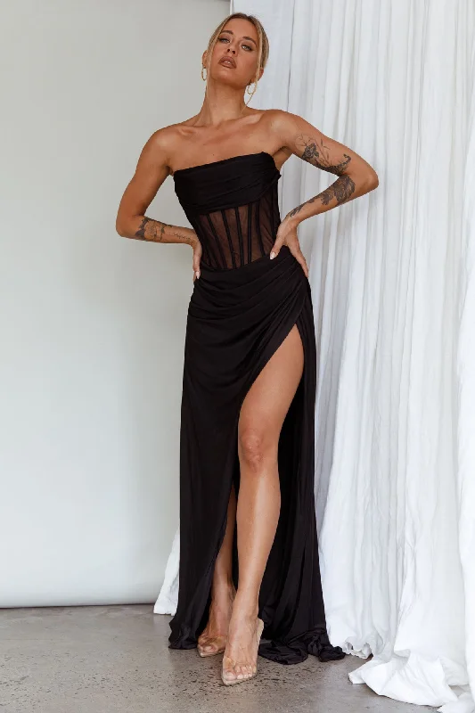 Women's Lace-trimmed Maxi Dress-Aysha Strapless Split Maxi Dress Black
