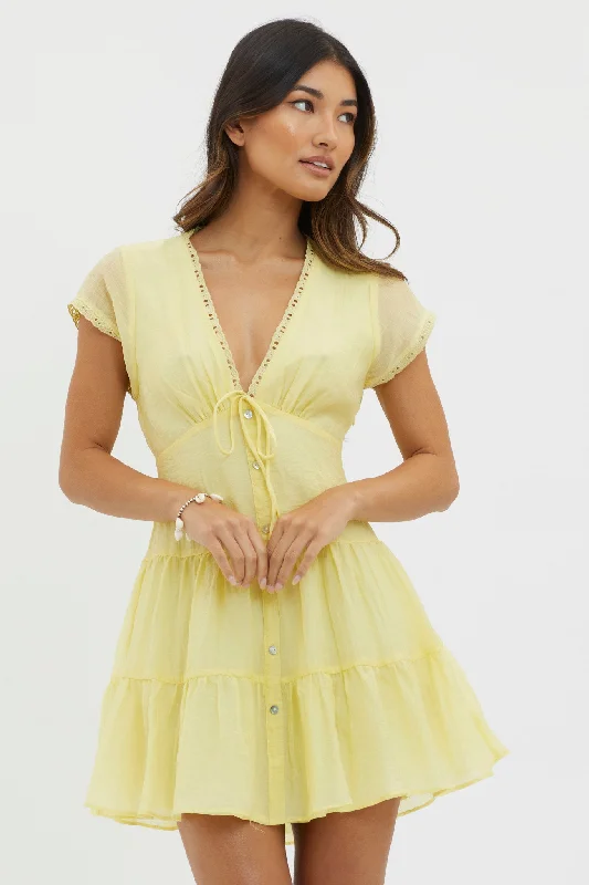 Women's Cocktail Mini Dress-Azura Scalloped Lace Mini Dress Lemon