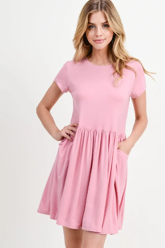 Doll Dress with Ruched Detail -Babydoll Short Sleeve Swing Dress