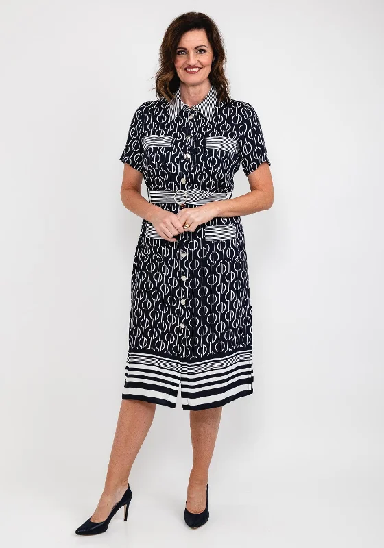 Simple Loose Shirt Dress-Badoo Chain & Stripe Print Shirt Dress, Navy & White