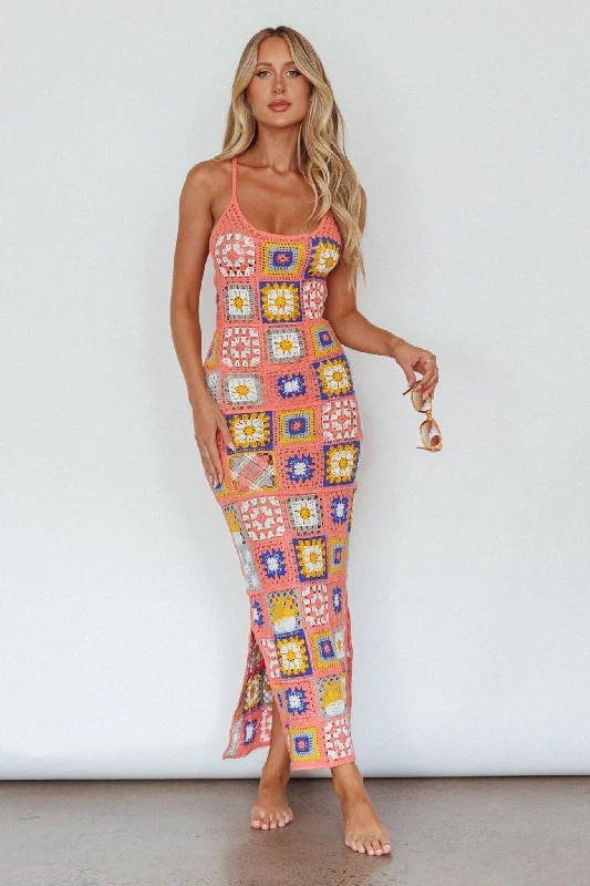 Women's Wraparound Maxi Dress-Bali Babe Crochet Maxi Dress Pink Multi
