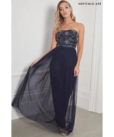 Women's Lace Tiered Maxi Dress-Bandless Navy Beaded Maxi Dress