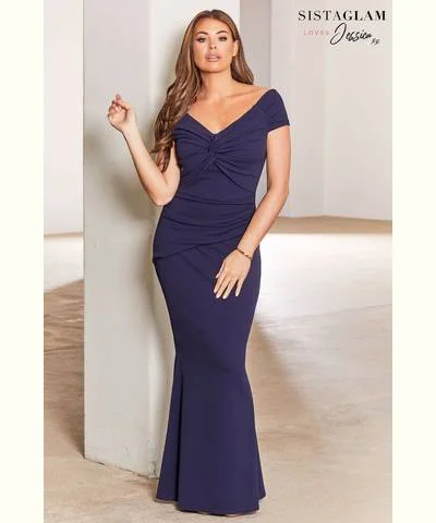 Women's Gathered Waist Maxi Dress-Bardot Maxi Dress Navy