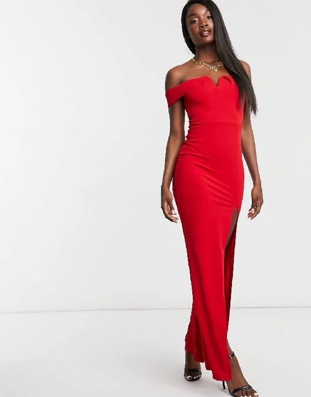 Women's Tropical Print Maxi Dress-Bardot Maxi Dress Red