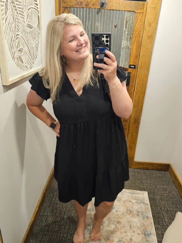 Relaxed Shirt Dress-BAYLEE CURVY BLACK RUFFLE SLEEVE SHORT DRESS