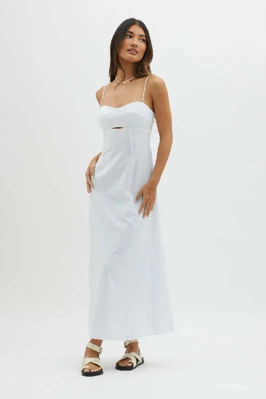 Women's Satin Strap Maxi Dress-Be Yourself Keyhole Bust Maxi Dress White