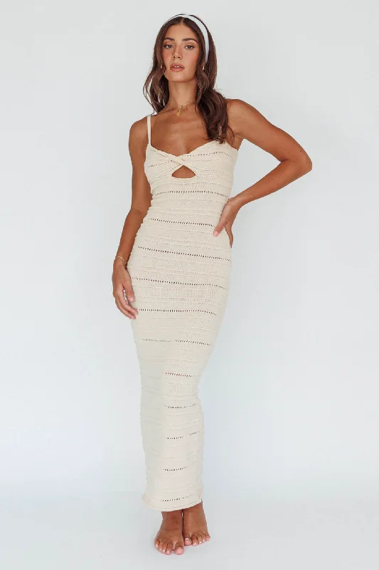 Women's Silk Maxi Dress-Beachside Crochet Knit Maxi Dress Oat