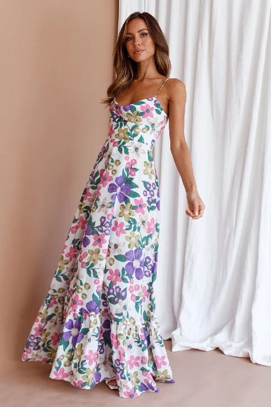 Women's Casual Long Maxi Dress-Beachside Flounce Hem Maxi Dress White Floral