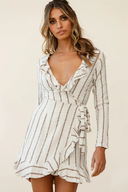 Black Wrap Dress with Open Back -Long Sleeve Wrap Dress -Beatrice Faux Wrap Ruffle Trim Raw Edge Dress Natural/Tan Stripe Black Wrap Dress with Open Back -Long Sleeve Wrap Dress -Beatrice Faux Wrap Ruffle Trim Raw Edge Dress Natural/Tan Stripe