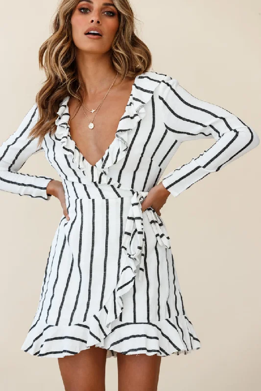Tropical Print Wrap Dress -Wrap Dress with Asymmetric Hem -Beatrice Faux Wrap Ruffle Trim Raw Edge Dress White/Black Stripe Tropical Print Wrap Dress -Wrap Dress with Asymmetric Hem -Beatrice Faux Wrap Ruffle Trim Raw Edge Dress White/Black Stripe