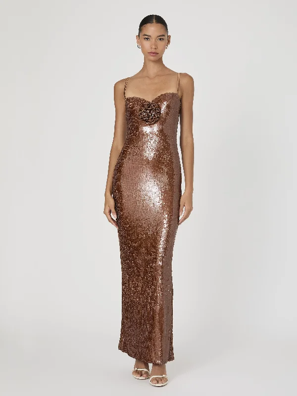 Women's Casual Long Sleeve Floral Maxi Dress-Beatrice Sequin Strappy Corsage Maxi Dress