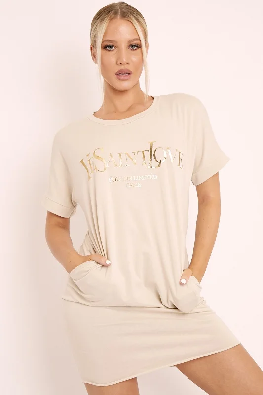 Light-weight Shirt Dress-Beige and Gold Parisian Slogan T-shirt Dress - Claire