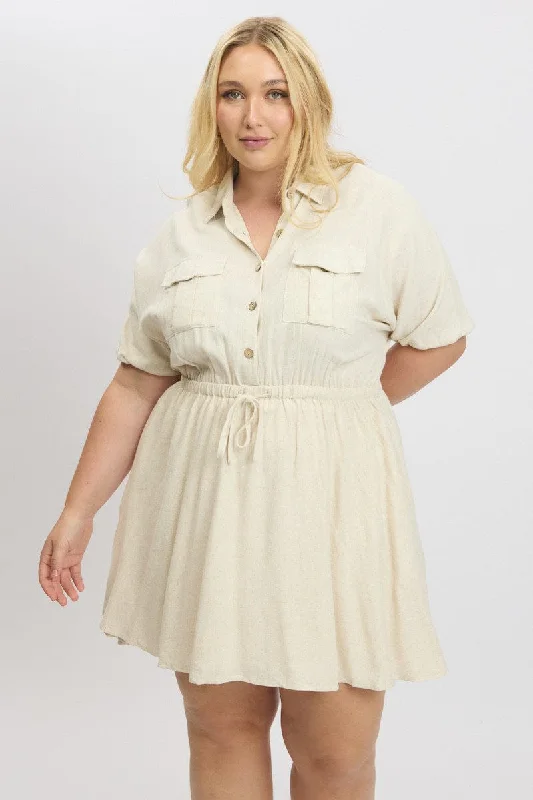 Plain Cotton Shirt Dress-Beige Button Through Linen Blend Shirtdress