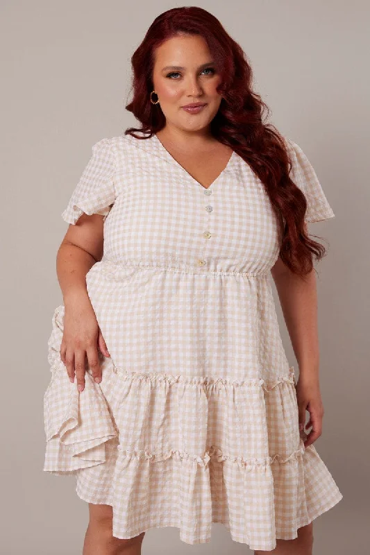 Long Flare Dress -Beige Check Fit And Flare Dress Short Sleeve Front Button