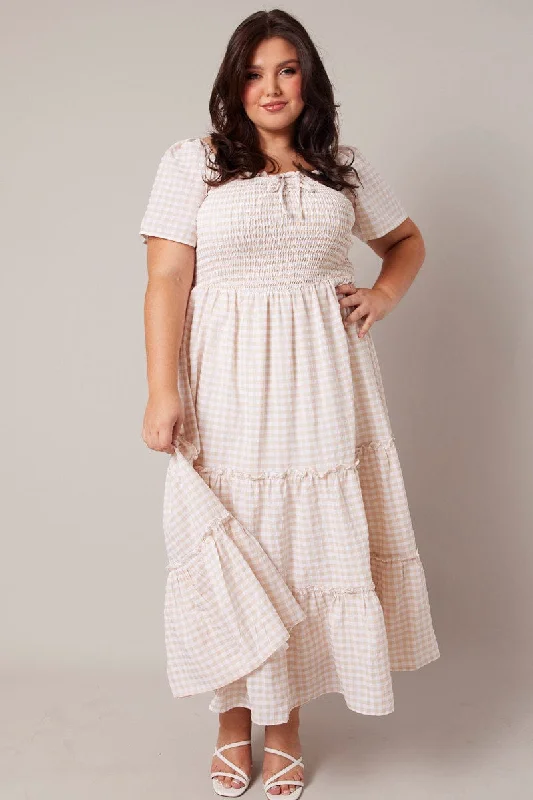 Women's Two-tone Maxi Dress-Beige Check Maxi Dress Short Sleeve Shirred Bust