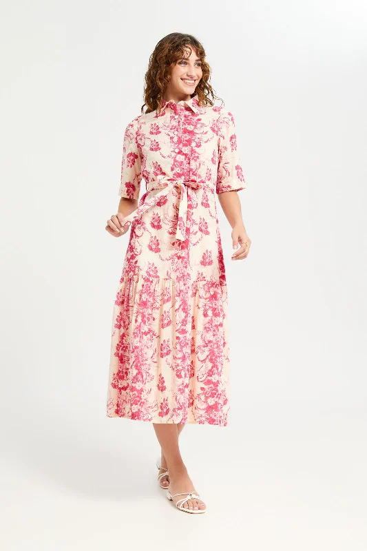 Comfortable Shirt Dress-Women Beige And Pink Printed Shirt Dress