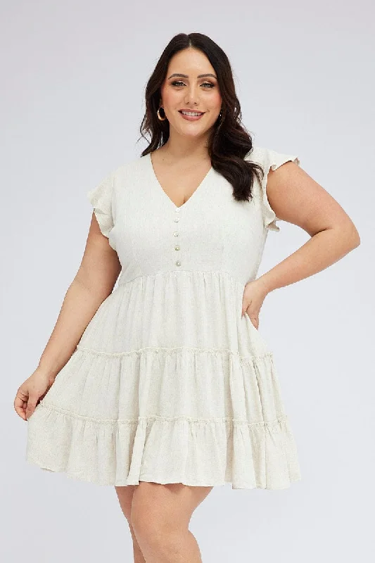 Minimalist Flare Dress -Beige Fit And Flare Dress Short Sleeve Tiered